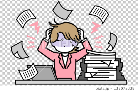 Illustration of an overworked woman with piles of documents flying around. 135078339