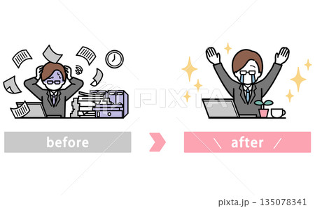 書類に追われて残業するビジネスマンが業務改善でゆとりが生まれるビフォーアフターイラスト 135078341