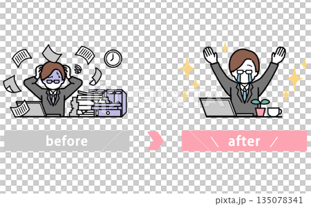 書類に追われて残業するビジネスマンが業務改善でゆとりが生まれるビフォーアフターイラスト 135078341