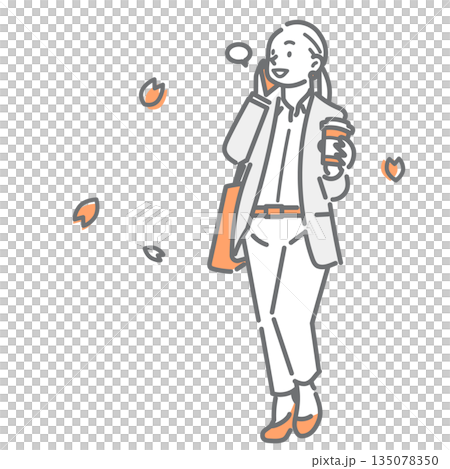 A smiling woman going to work with a refreshing feeling. A simple and stylish line drawing illustration 135078350