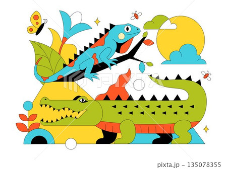Reptile Vector Illustration Featuring Detailed Scales And Natural Wildlife Design With Various Species Of Reptilian Animals In Flat Background 135078355