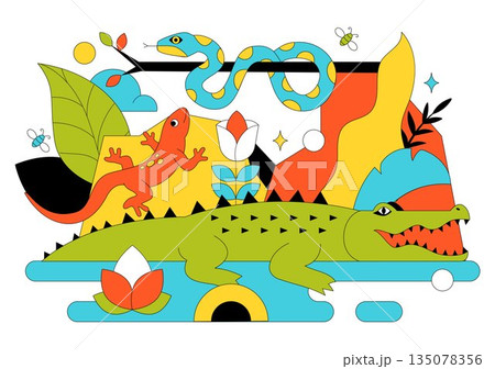 Reptile Vector Illustration Featuring Detailed Scales And Natural Wildlife Design With Various Species Of Reptilian Animals In Flat Background 135078356