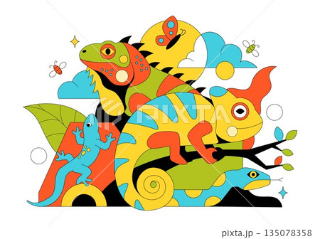 Reptile Vector Illustration Featuring Detailed Scales And Natural Wildlife Design With Various Species Of Reptilian Animals In Flat Background 135078358