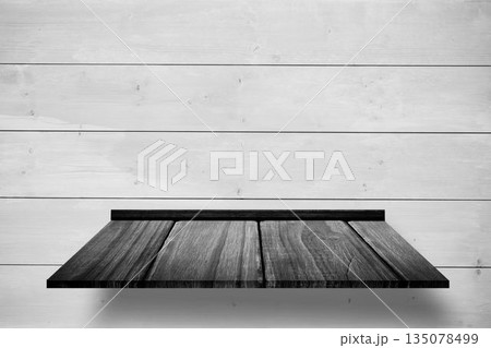 Wooden shelf on gray wall Wooden shelf on gray wall 135078499
