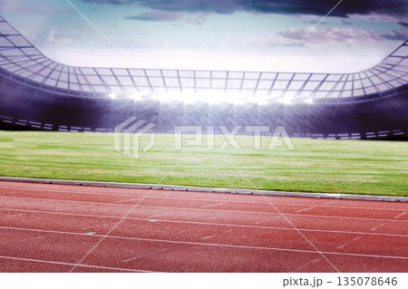 Red synthetic running track is stretching across flat stadium scene with grass field, floodlights Red synthetic running track is stretching across flat stadium scene with grass field, floodlights 135078646