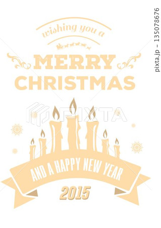 Flat holiday card design is featuring gold reindeer sleigh, candles, banner, snowflakes on white Flat holiday card design is featuring gold reindeer sleigh, candles, banner, snowflakes on white 135078676