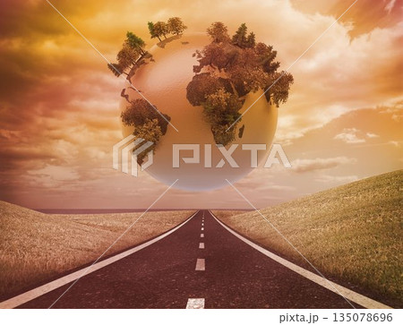 Digitally generated earth floating over street Digitally generated earth floating over street 135078696