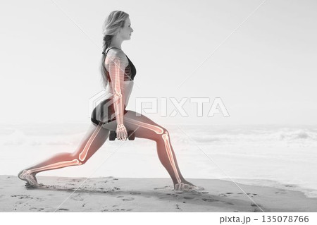 Highlighted bones of woman holding dumbbells Highlighted bones of woman holding dumbbells 135078766