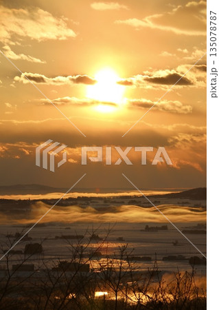 北海道の黄金色に染まる初日の出と気球 135078787