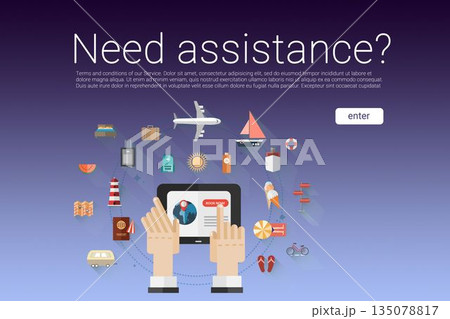 Graphic image of cropped hands with tablet and symbols 135078817