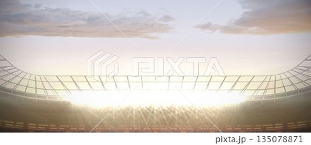 Open-air stadium bowl is being floodlit in vector design, showing seating tiers and roof trusses Open-air stadium bowl is being floodlit in vector design, showing seating tiers and roof trusses 135078871