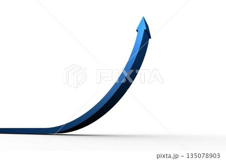 Three-dimensional blue curved arrow is sweeping upward in minimalist 3D render, copy space 135078903