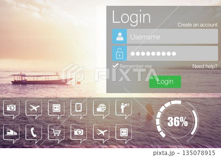 Digitally generated image of login window and text with various icons Digitally generated image of login window and text with various icons 135078915