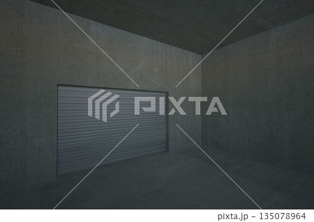 Concrete chamber is showing closed metal roll-up shutter door and smooth grey walls in flat design 135078964