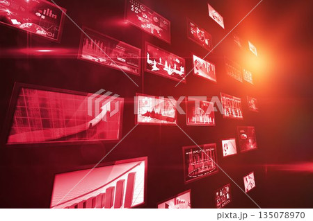Various icons in television screens flying with illuminated light Various icons in television screens flying with illuminated light 135078970
