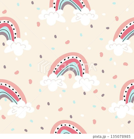 Square image of pastel rainbow with clouds and jelly beans repeated on beige background, copy space Square image of pastel rainbow with clouds and jelly beans repeated on beige background, copy space 135078985