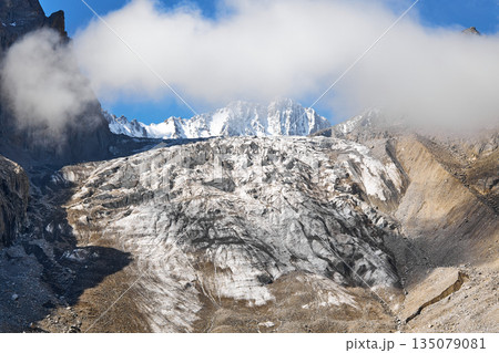 Glacial landscape with a large glacier on a mountain slope 135079081