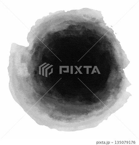 Abstract black ink stains and round watercolor blots. Grunge textures with soft edges and ink bleed effect. Traditional oriental ink wash style for artistic background, labels and zen-inspired. Vector 135079176