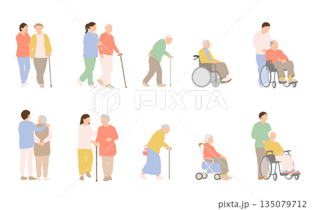 明るい配色の介助付きシニア外出イラストセット	 135079712