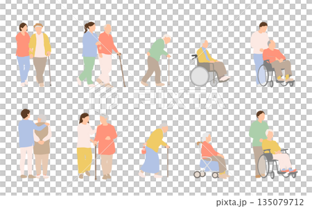 明るい配色の介助付きシニア外出イラストセット	 135079712