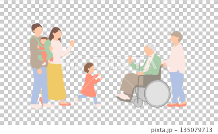 A three-generation family reunion illustration in which grandchildren come to visit their elderly grandfather A three-generation family reunion illustration in which grandchildren come to visit their elderly grandfather 135079713