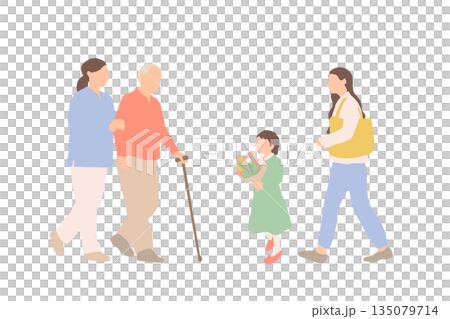 父に花を渡す孫と三世代家族の穏やかな外出シーンイラスト 父に花を渡す孫と三世代家族の穏やかな外出シーンイラスト 135079714