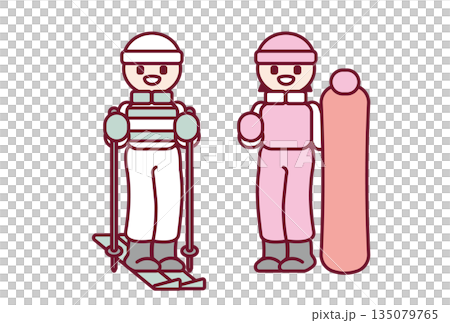 描繪孩子們笑容燦爛地享受滑雪和單板滑雪的插圖 135079765