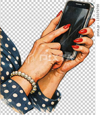スマートフォンを操作する女性の手 ヴィンテージ広告風イラスト スマートフォンを操作する女性の手 ヴィンテージ広告風イラスト 135079790