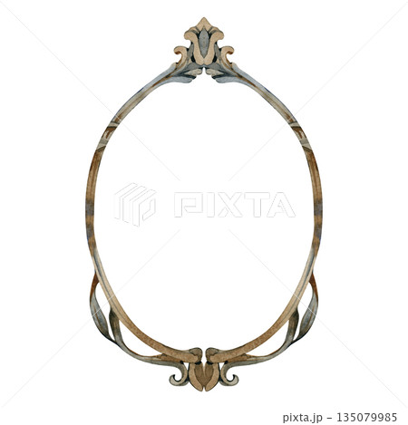Watercolor illustration of an elegant vintage oval frame. This hand-painted border features intricate baroque-style carvings and weathered wood textures, perfect for classic portraits and wedding Watercolor illustration of an elegant vintage oval frame. This hand-painted border features intricate baroque-style carvings and weathered wood textures, perfect for classic portraits and wedding 135079985
