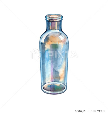 Watercolor illustration of an empty glass bottle with a vintage apothecary feel. The translucent glass features soft reflections of blue, amber, and purple hues, creating a delicate, hand-painted 135079995