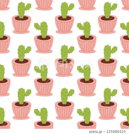 Cute Seamless Cactus Pattern in Pots Hand Drawn Illustration Cute Seamless Cactus Pattern in Pots Hand Drawn Illustration 135080325