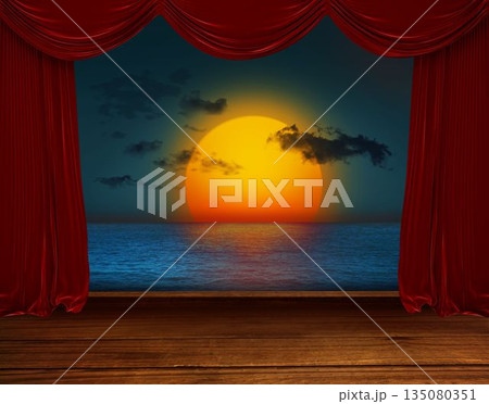 Flat design ocean sunset is unfolding on theater stage, with red velvet curtains and wooden floor Flat design ocean sunset is unfolding on theater stage, with red velvet curtains and wooden floor 135080351