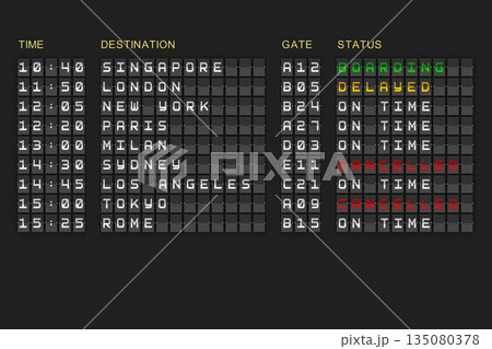 Departures list on black mechanical board 135080378
