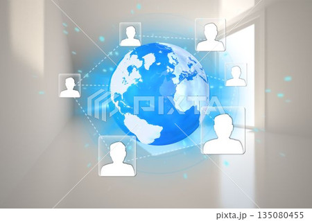 Showing glowing blue Earth hologram floating in corridor in flat design while connecting user icons 135080455