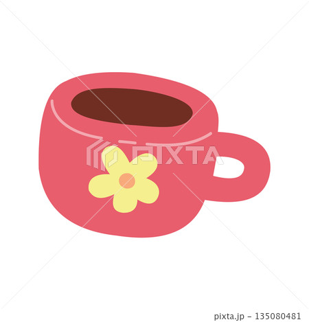 Cute Pink Coffee Cup with Flower Hand Drawn Illustration 135080481