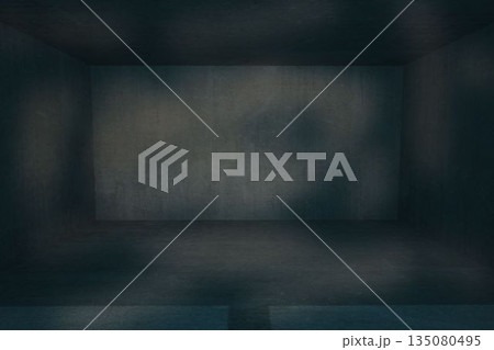 empty concrete room interior is being shown in vector illustration, with dim uneven lighting 135080495