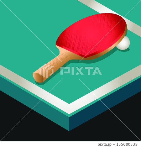 Image of table tennis racket with ball on green table background Image of table tennis racket with ball on green table background 135080535
