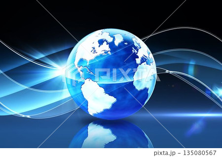 Glowing blue-white globe is floating on glossy 3D-style plane, with curved light ribbons and flares Glowing blue-white globe is floating on glossy 3D-style plane, with curved light ribbons and flares 135080567