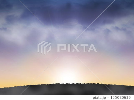 Bright rising sun is glowing with lens flare over dark hill ridge silhouette in flat design Bright rising sun is glowing with lens flare over dark hill ridge silhouette in flat design 135080639
