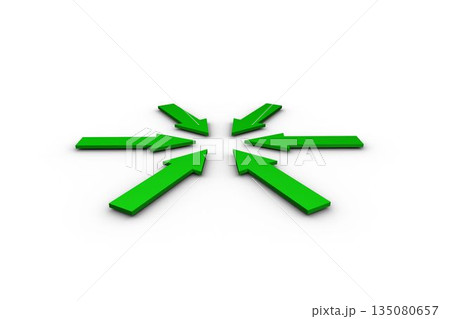 six green arrows in 3D render are pointing inward on white plane, with subtle shadows six green arrows in 3D render are pointing inward on white plane, with subtle shadows 135080657