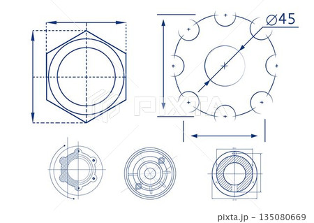 Graphic is showing line-art schematics on white with hex nut, flange and small parts drawings Graphic is showing line-art schematics on white with hex nut, flange and small parts drawings 135080669