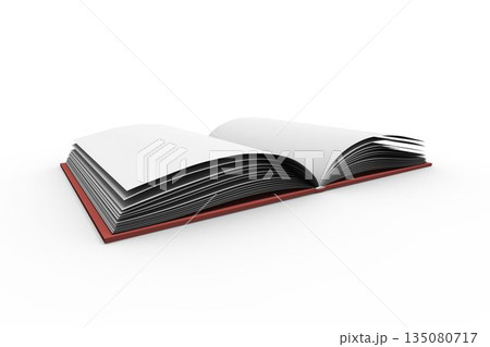Red-bound book is lying open on white backdrop, pages are fanning evenly on reflective surface 135080717