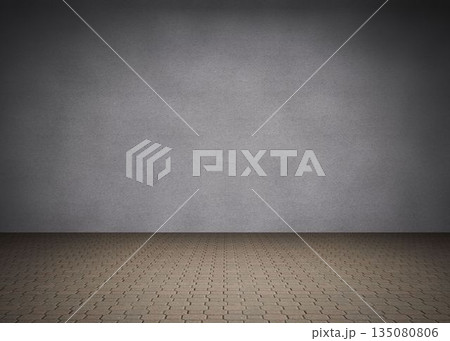 Flat design illustration showing grey textured wall rising from brown brick floor in empty space 135080806