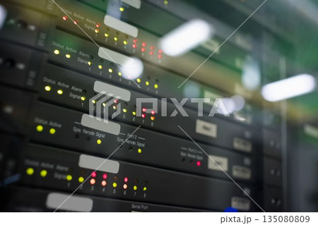 Rack-mounted network panels are showing glowing LED indicators and label strips in flat design Rack-mounted network panels are showing glowing LED indicators and label strips in flat design 135080809