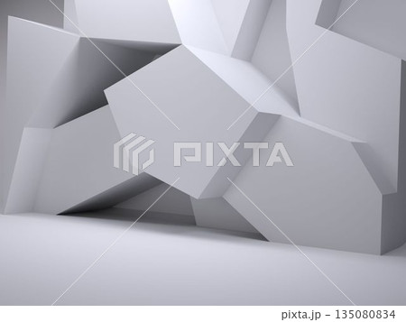 Large geometric polyhedral shapes are being shown in minimalist 3D gallery with diffused lighting 135080834
