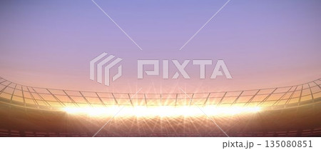 Stadium lighting is showcasing curved seating bowl in flat design, with glowing floodlight fixtures Stadium lighting is showcasing curved seating bowl in flat design, with glowing floodlight fixtures 135080851