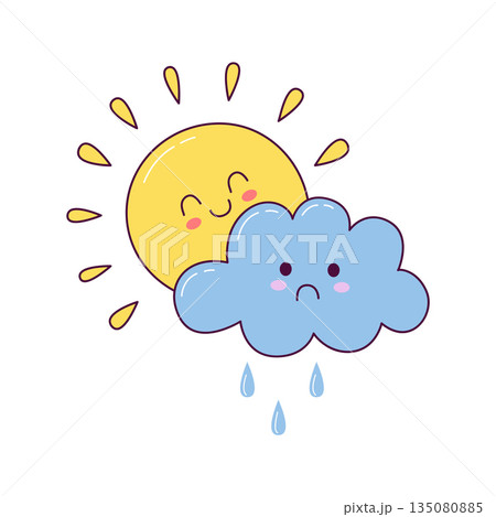 Cute sun and rainy cloud weather illustration in kawaii hand drawn style 135080885