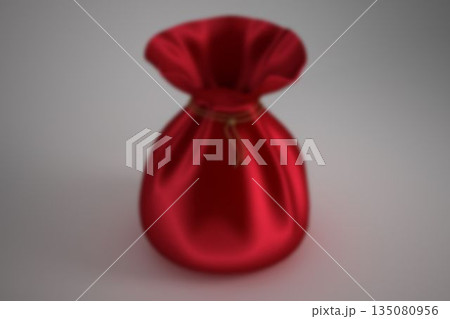 Red satin drawstring pouch is standing on light-gray gradient backdrop in 3D, with golden cord tie Red satin drawstring pouch is standing on light-gray gradient backdrop in 3D, with golden cord tie 135080956