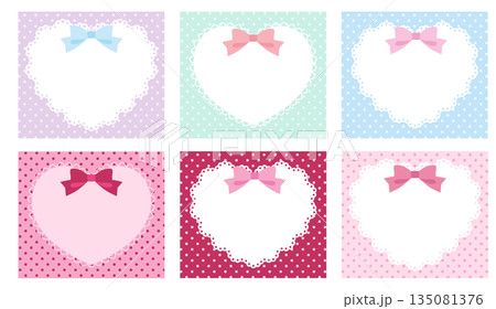リボンがついたかわいいハートのレースフレームのベクターイラストセット。ドット、ラブリー 135081376