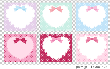 リボンがついたかわいいハートのレースフレームのベクターイラストセット。ドット、ラブリー 135081376